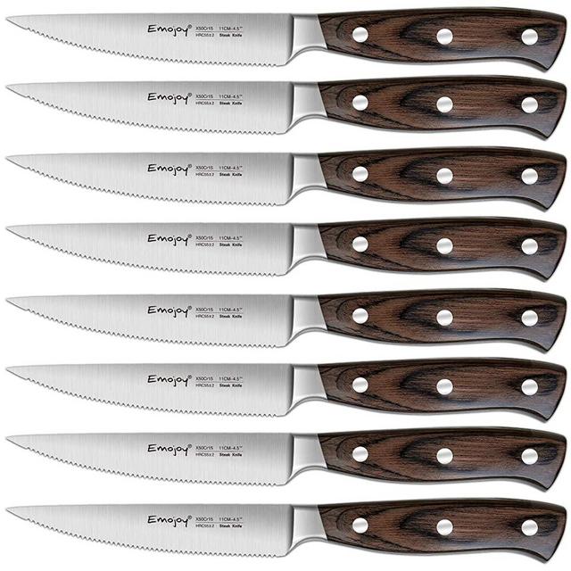 Emojoy Steak Knife Set, Steak Knife with Wooden Handle, Steak Knife Set, Steak Knives Set of 8, Serrated Steak Knife with Gift Box