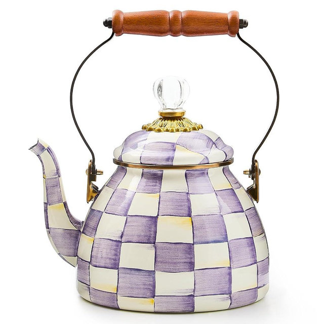MACKENZIE-CHILDS Enamel Tea Kettle, Decorative Tea Kettle for Stovetop, 2 Quarts, Purple-and-White Violet Check