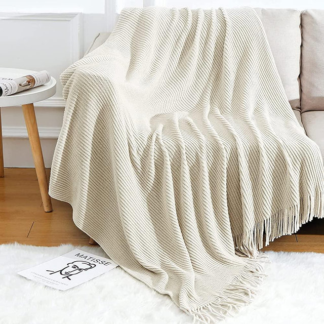 BLAGIC Cream White Knit Throw Blanket with Tassel| Home Decor Blanket| Soft Chenille Throw for Couch, Bed| Wrap Shawl Scarf, Lightweight Soft Cozy Warm Stripe Textured, 50" W x 60" L