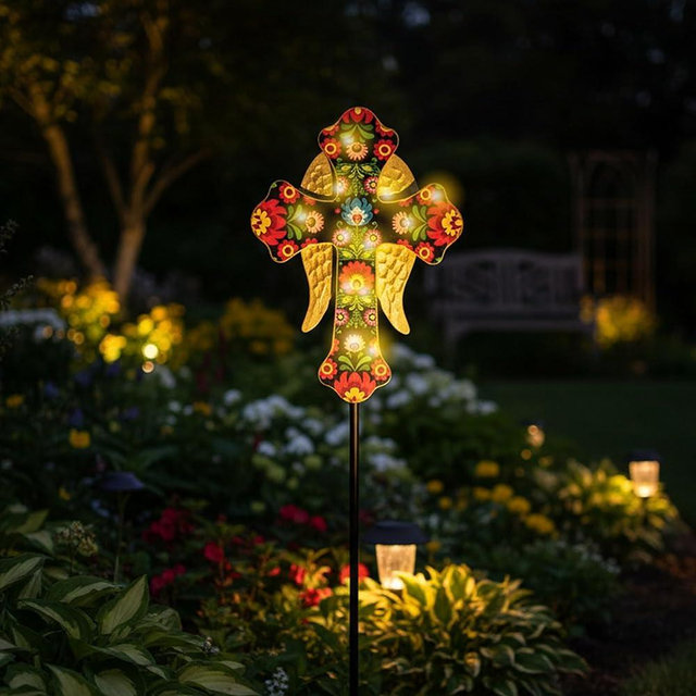 Weibefee Solar Cross Lights with Angel Wings, Pink and Gold Floral Design, Memorial Garden Stake, Warm White LED, Weather Resistant, 36 Inch