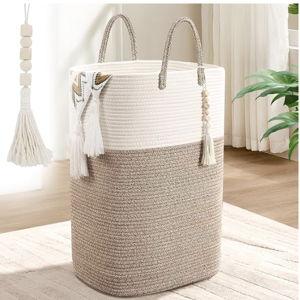 65L Woven Laundry Basket for Clothes, Large Rectangle Laundry Hampers with Beads Tassel, Nursery Storage Basket for Toys, Tall Dirty Clothes Hamper for Bedroom Aesthetic, Laundry Room Organization