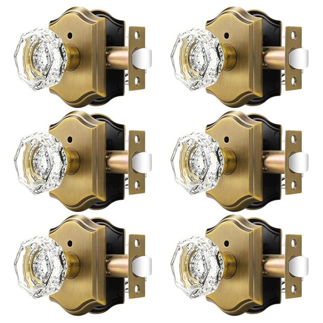 Orger 6 Pack Octagonal Crystal Door Knobs, Interior Privacy Door Handle for Bed/Bathroom with Pin Lock Inside, Antique Bronze Vintage Rosette Door Knob with Heavy Duty Genuine Glass