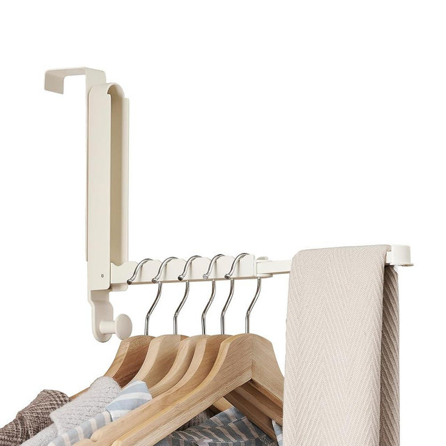 RFOUO Over The Door Hooks Hanger Fit Door up to 1 3/4" Optimal 1pc,Over The Door Hanger with Retractable Rod,Foldable Over The Door Drying Rack for Laundry Bathroom Bedroom (Milky White, 1 Pack)