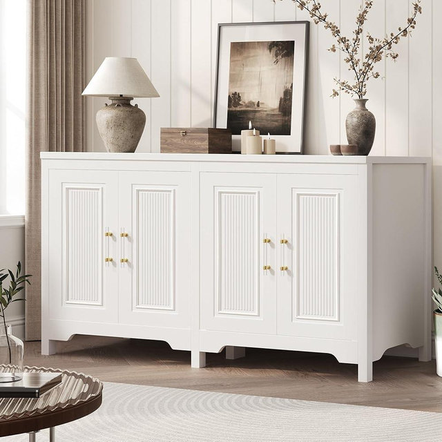 Jocoevol Buffet Cabinet with Storage, 55" Large Sideboard Buffet Storage Cabinet with 4 Doors and Shelves, Modern Farmhouse Coffee Bar Station Wood Kitchen Table for Kitchen, Dining Room, White