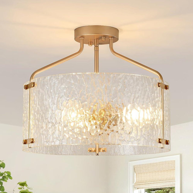 Blhxian Semi Flush Mount Ceiling Light Fixture Glass Drum Chandelier Entryway Light Fixture 16''Gold Flush Mount Ceiling Lights 3-Light Foyer Lighting fixtures for Living Room Hallway Bedroom