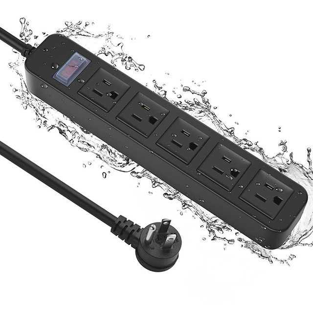 Outdoor Power Strip Waterproof with 5 Outlet, Garden Weatherproof 1700J Surge Protector, Christmas Multiple Outlet Exterior Socket for Lighting Appliances. 6FT Extension Cord Strip with Flat Plug.