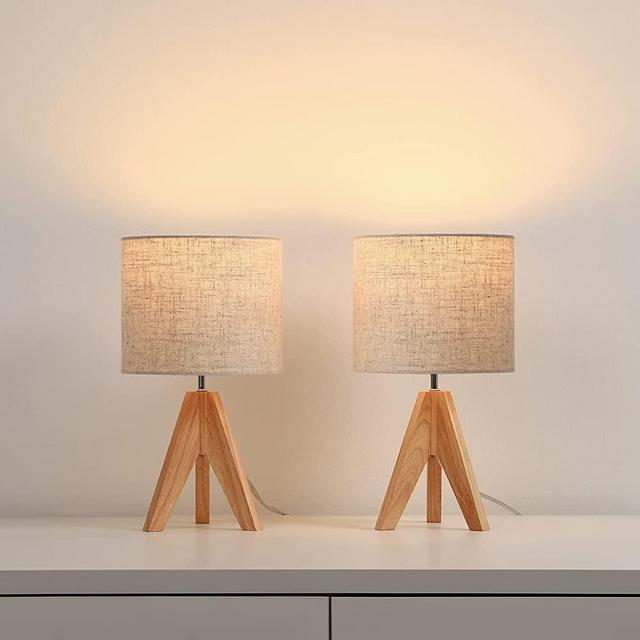 DEWENWILS Bedside Table Lamp, Tripod Table Lamp with Linen Fabric Shade, Small Nightstand Lamp for Nursery, Bedroom, Kids Room, Side Table, Reading Desk -14.2 inches, 2 Pack