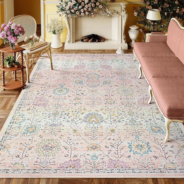 Lahome Pink Boho Area Rug, 8x10 Washable Rugs for Bedroom Girls Living Room, Soft Blush Floral Non Slip Pastel Thin Floor Carpet for Classroom Playroom Home Decor