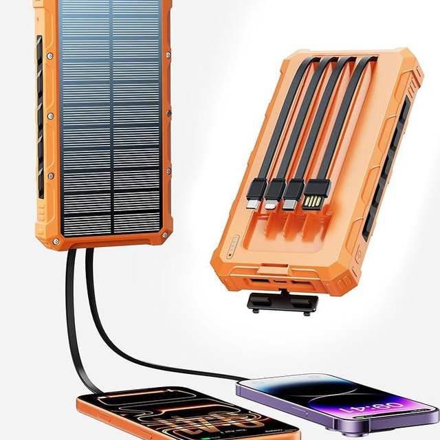 Solar-Charger-Power-Bank - 20000mah Solar Powered Battery Charger Cell Phone,20W Fast Charging Built in Cables,Camping Essentials Portable External Battery Pack Compatible with Multiple Devices