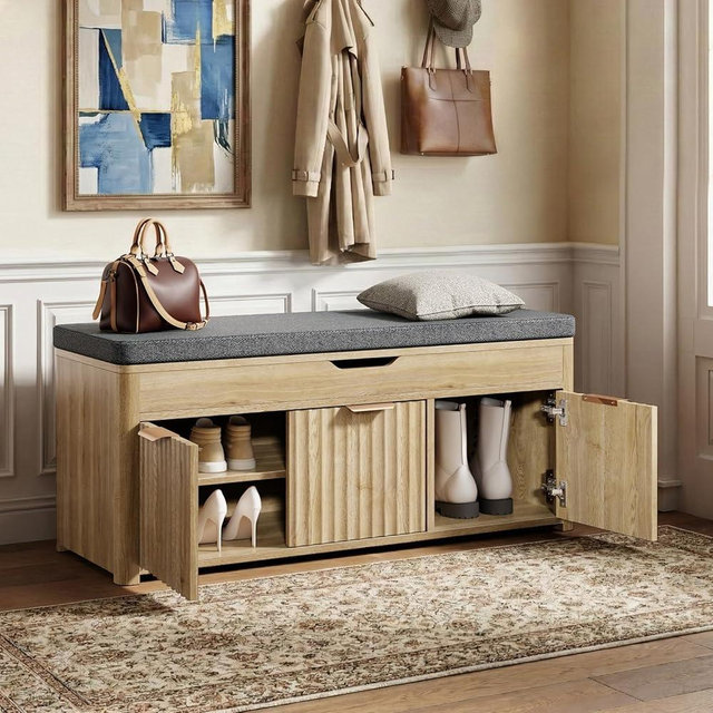 LOOMORA Shoe Bench with Storage - Lift Top Entryway Bench with Hidden Storage, Shoe Rack with Adjustable Shelves and Cushioned Seat, Wooden End of Bed Bench for Bedroom, Living Room and Hallway,Nature