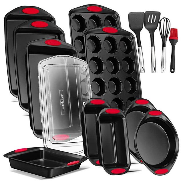 15-Piece Baking Pan Set - PFOA, PFOS, PTFE Free Flexible Nonstick Black Coating Carbon Steel Bakeware - Professional Home Kitchen Bake Cookie Sheet Stackable Tray w/ Red Silicone Handles