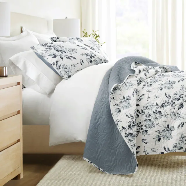 Ultra-Soft Quilted Coverlet Set – Lightweight Comfort in Rose Garden Print by Becky Cameron, Rose Garden Light Blue, Full/Queen