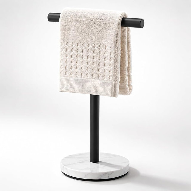 Hand Towel Holder, 15 Inch T-Shape Freestanding Towel Rack Stand for Bathroom & Kitchen Countertop with Matte Black Finish and Marble Base