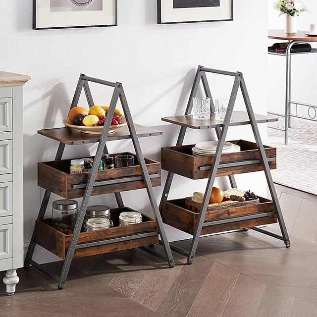 VECELO Removable 3-Tier Tray End, Side Table for Living Room,Bedroom,Industrial Style,Easy Assembly,Retro Brown/Set of 2