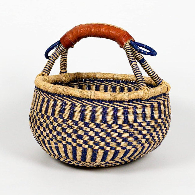 Bolga Zaare Market Basket, Handmade in Ghana by Women Artisans, Natural + Midnight Color, Large, 16"-18" Diameter x 9"-10" H, RED Handle (1 Basket)