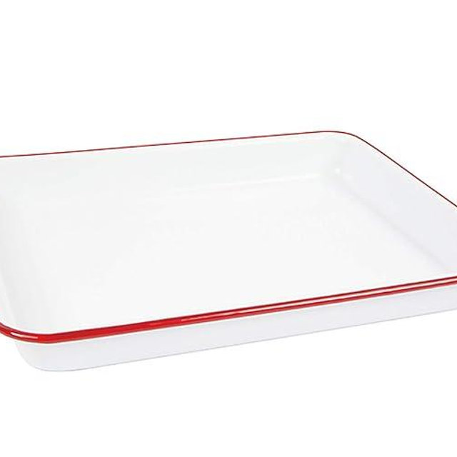 Enamelware Small Rectangular Tray, 11.25 x 9 inches, Vintage White/Red (Single)