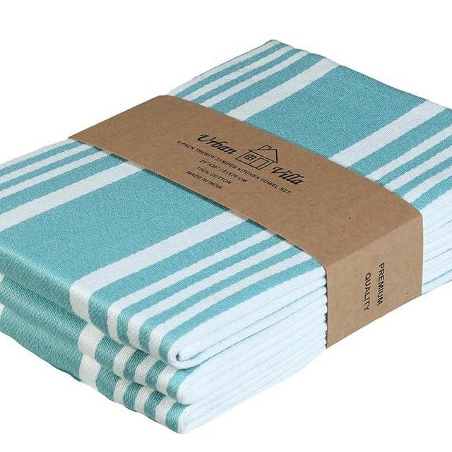 Urban Villa Kitchen Towels 100% Cotton Pack of 3, Highly Absorbent Quick Drying Super Soft Premium Dish Towels 20x30 Inch for Kitchen with Hanging Loop Hand & Tea Towels - Aqua/White
