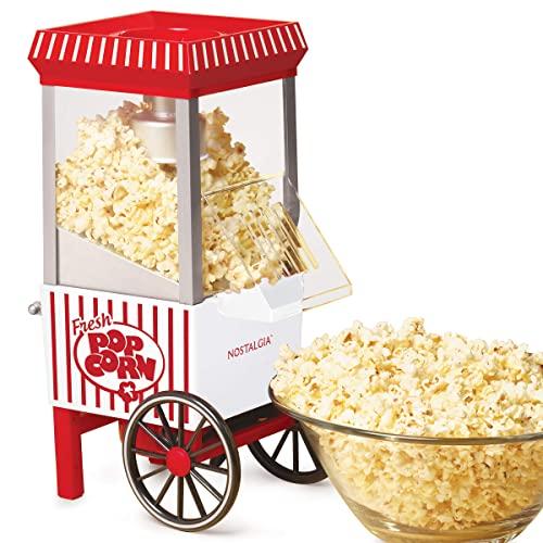 Nostalgia OFP521 Vintage Healthy Hot-Air Tabletop Popcorn Maker, Makes 12 Cups, with Kernel Measuring Scoop, Oil Free, Perfect for Birthday Parties, Movie Nights – Candy Stripe, White/Red