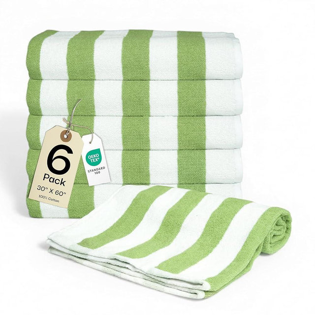 Salt Earth Cotton Striped Beach Cabana Towel, 6 Pack - 30"x60" Quick Dry Towels, Pool Essentials, Travel, Gym & Bathroom Towels, Oversized Beach Vacation Essentials, Pista Green