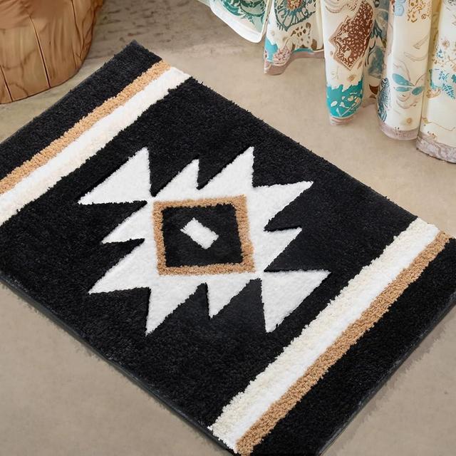 TANVILL Bathroom Rugs Boho Bath Mat Non Slip Black Aztec Bath Rug, Soft Absorbent Microfiber Luxury Plush Washable Floor Carpet for Bathroom Shower Modern Decor 18x24