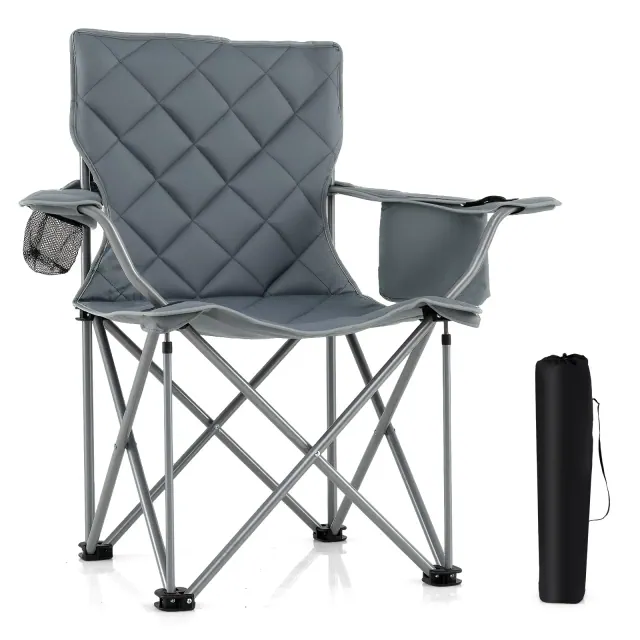 Costway Oversized Camping Chairs Heavy Duty Outdoor Folding Chair w/Cooler Pouch Gray