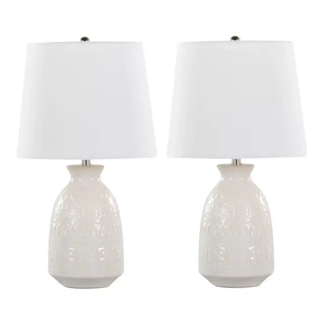 LumiSource Claudia 20" Contemporary Table Lamps Off-White Ceramic, Polished Nickel Accents and White Linen Shade