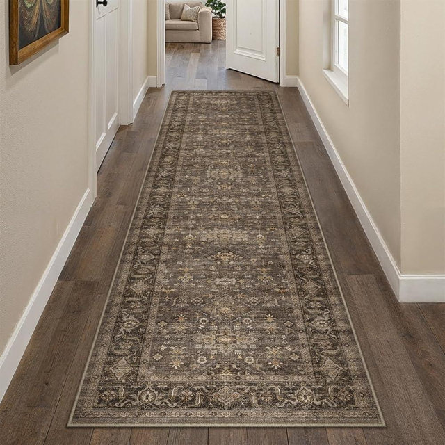WondRg 2'6x8 Washable Runner Rug for Hallway Kitchen Vintage Brown Non Slip Low Pile Carpet Traditional Retro Soft Throw Rug for Bathroom Bedroom Entryway Indoor Entrance