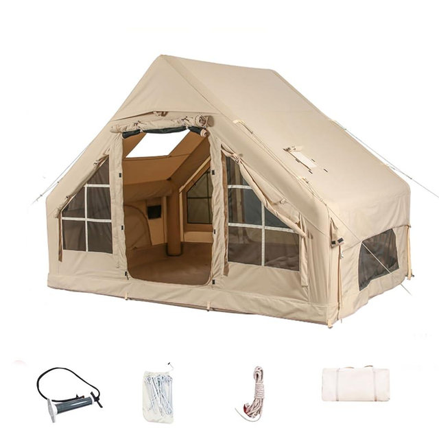 Inflatable Camping Tents with Hand Pump, Air Glamping Tents, Easy Setup Waterproof and Windproof Blow up Tent, 4 Seasons Oxford Cabin Tent with Mesh & Chimney Window.