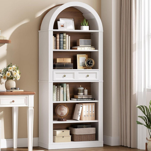 RALGEND Arched Bookshelf, 73" Tall Arch Bookcase with Drawers, 6-Tier Farmhouse Book Shelf, Wooden Bookshelf with Open Display Shelves for Living Room, Office, Adjustable Shelf, Walnut and White