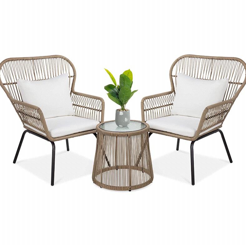 Best Choice Products 3-Piece Outdoor All-Weather Wicker Conversation Bistro Furniture Set w/ 2 Chairs and Glass Top Side Table, Tan