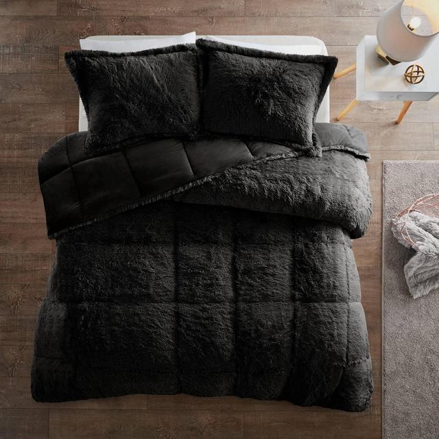 3pc King/California King Leena Shaggy Long Faux Fur Comforter Mini Set Black