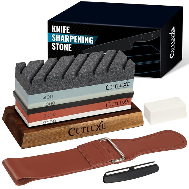 Cutluxe Whetstone Knife Sharpener – Sharpening Stone Kit, Professional 4 Side Grit 400/1000/3000/8000, Non Slip Acacia Wood Base, Angle Guide, Black Flattening Stone, Leather Strop