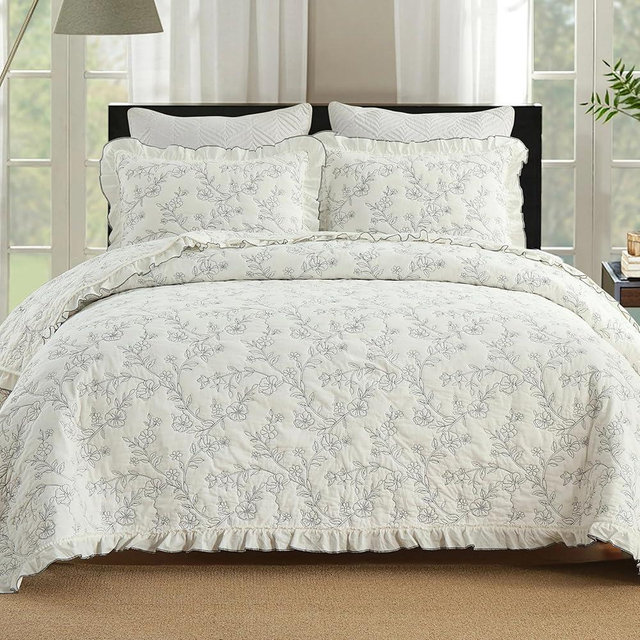 MarCielo 3-Piece 100% Cotton Oversized Bedspread Lightweight Quilt Coverlet Embroidery Farmhouse Bedding Set (Floral, King (106" X 98"))