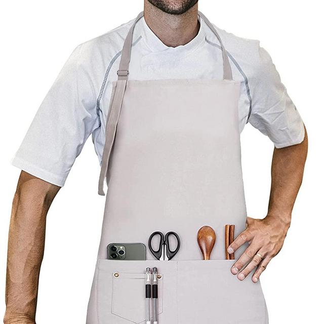LessMo Bib Apron, Canvas Cotton Cooking Aprons for Women Men, Adjustable Neck Strap with 3 Pockets, 100% Cotton, Professional Quality 70 x 85 cm, for Chef Restaurant, Kitchen, BBQ (Light Gray)