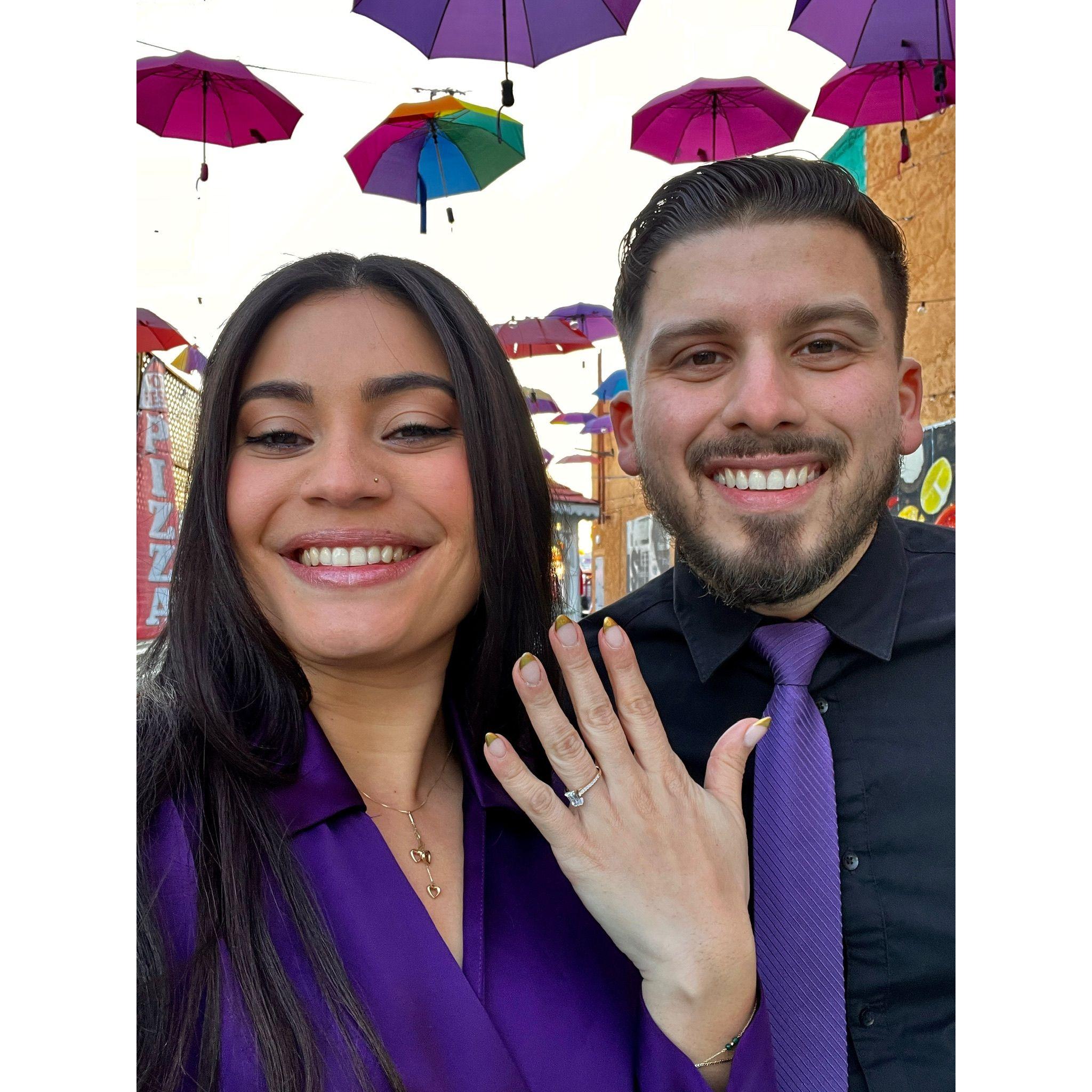 Moments after Cesar proposed. We joke that we always coincidentally match and this was not planned at all. It was one of the happiest moments of our time together.