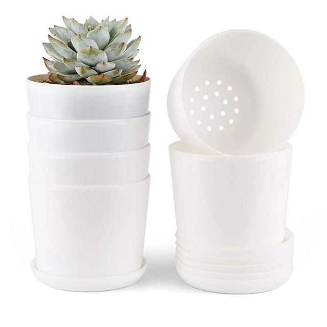T4U 3.75 Inch Plastic Pot with Saucer White Set of 6, Round Resin Planter Cylinder Garden Plant Container Indoor Outdoor for Orchid Flower Succulent Cactus Home Office Balcony Decor