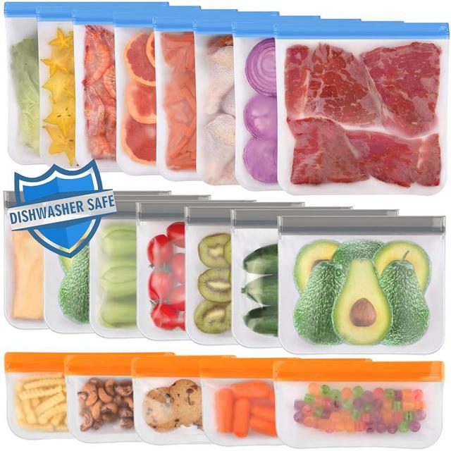 Lerine 20 Pack Reusable Bags Silicone Dishwasher Safe, Extra Thick Leakproof Reusable Freezer Bags, BPA Free Reusable Food Storage Bags for Lunch Meat Veggies - 8 Gallon 7 Sandwich 5 Snack