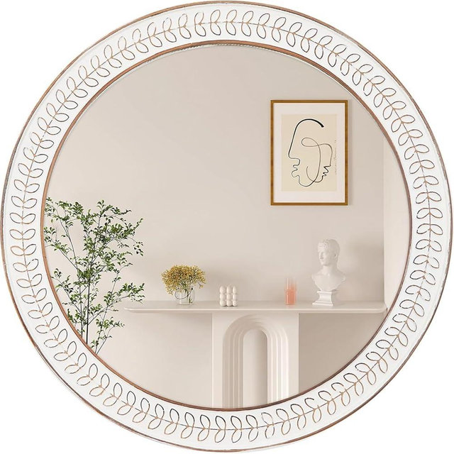 fuxuiwy 24 inch Round Rustic Wooden Mirrors, Distressed Circle Mirror for Bathroom, Bedroom, Living Room, Entryway, Fireplace, Hall