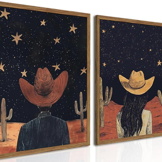 Framed Boho Western Cowboy and Cowgirl Wall Art Set of 2, Vintage Southwestern Desert Starry Sky Cactus Pictures Wall Decor, Rustic Farmhouse Paintings Canvas Prints for Living Room Bedroom 16x24 inch