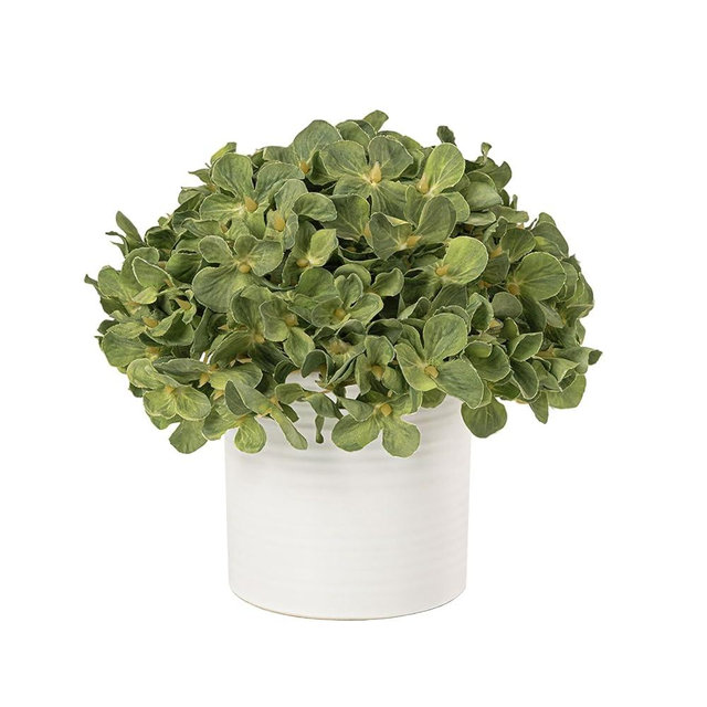 Hydrangea Fake Flowers in Vase, Artificial Flowers with Ceramic Vase Small Faux Potted Plant Arrangements for Bathroom Home Desk Kitchen Counter Vanity Shelf Coffee Table Centerpiece Decor (Green)