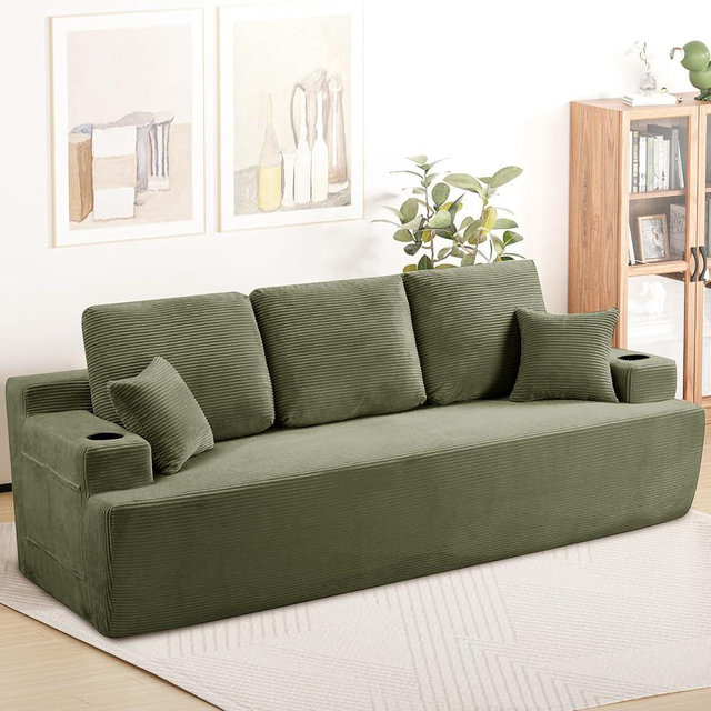 Poblink 87" Boneless Couch Sofa with 2 Pillows Extra Deep Seats, Corduroy 3 Seater Cloud Sofas for Living Room with Cup Holder & Storage Pocket Upholstered Floor Sofa, No Assembly Required, Green