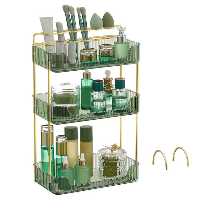 SONGMICS Makeup Organizer, 3-Tier Skincare Organizer Countertop, Customizable, 2 Types of Accessories, Jewelry Holder, for Vanity, Bedroom, Bathroom, Pale Green UJKA013C01