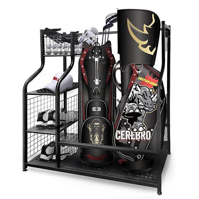 Mythinglogic Golf Storage Garage Organizer, Dual Golf Bag Storage Stand and Other Golfing Equipment Rack & 4 Removable Hooks, Extra Large Design for Golf Clubs Accessories