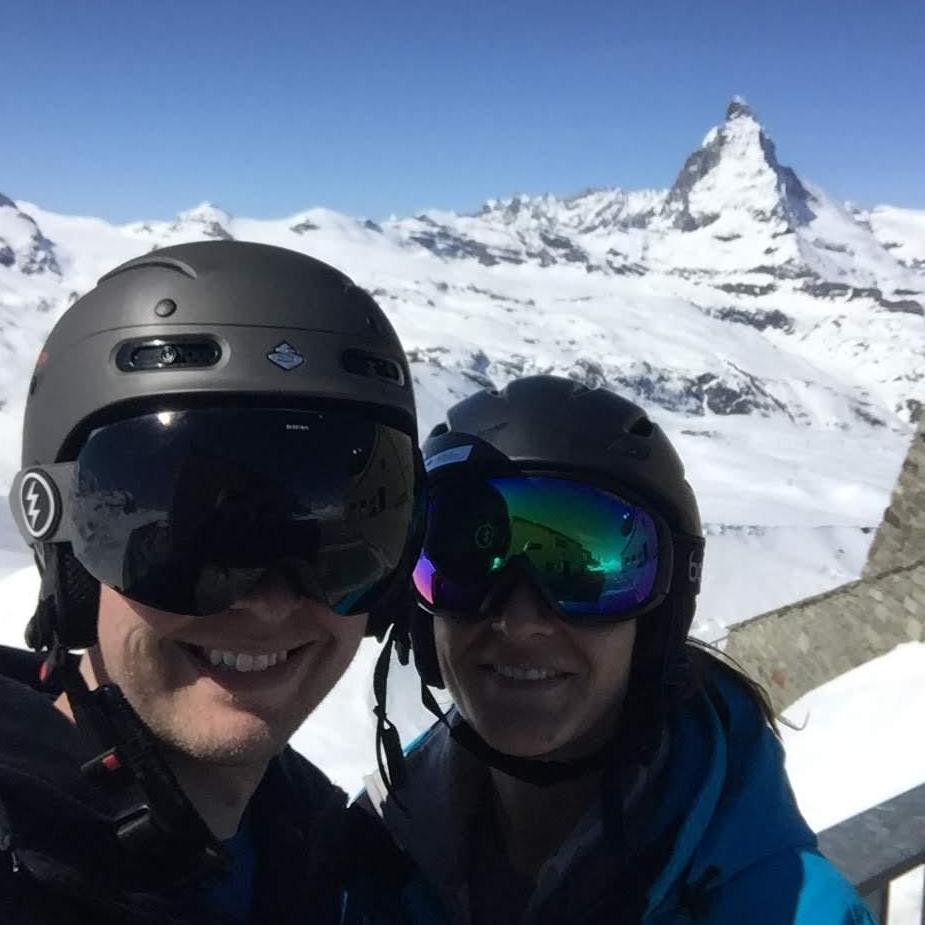 Our first ski trip. In front of the Matterhorn at the top of the ski run between Zermatt, Switzerland and Cervinia, Italy. You can ski into either country!