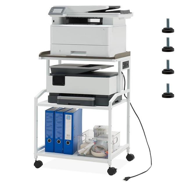 Lauren&Harold 34'' Printer Stand with Storage 3-Tier Printer Table with Power Outlets and USB Ports, Rolling Printer Cart with Adjustable Shelf, Large White Printer Stand with Wheels for Home Office