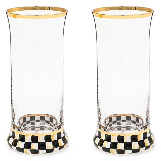 MACKENZIE-CHILDS Highball Glasses, Tall Drinking Glasses with Gold Rims, 15 Ounces, Set of 2, Black-and-White Courtly Check