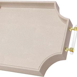 22.6'' × 13'' Coffee Table Tray Shagreen Decorative Tray for Ottoman Home Decor Serving Tray with Acrylic Gold Handles Modern Elegant Scalloped Large Ottoman Tray