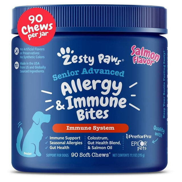 Zesty Paws Dog Allergy Relief - Anti Itch Supplement - Omega 3 Probiotics for Dogs - Stop Paw Licking - Soft Chews for Skin Health & Seasonal Allergies - with Epicor Pets - Senior - Salmon - 90 Count