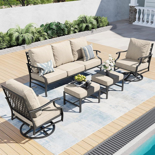 SUNSHINE VALLEY Patio Furniture Set, Modern Metal Outdoor Patio Furniture, 3 Seater Sofa, 2 Swivel Chairs, 2 Ottomans and 5.75" Extra Thick Cushion, Patio Conversation Set for Garden Backyard Deck