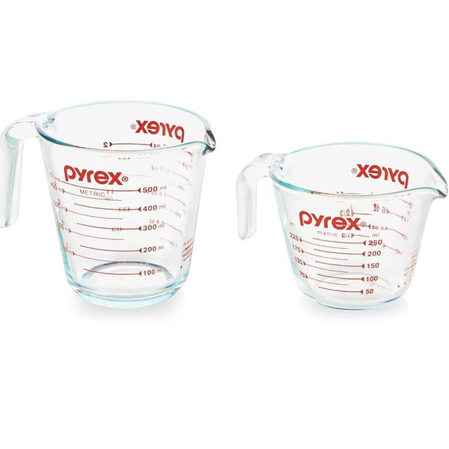 Pyrex Essentials (2-Pack) Glass Measuring Cups Set, (1 & 2 Cup) Measuring Cups For Prepping, Baking and Cooking, Preheated Oven, Dishwasher, Freezer, and Microwave Safe